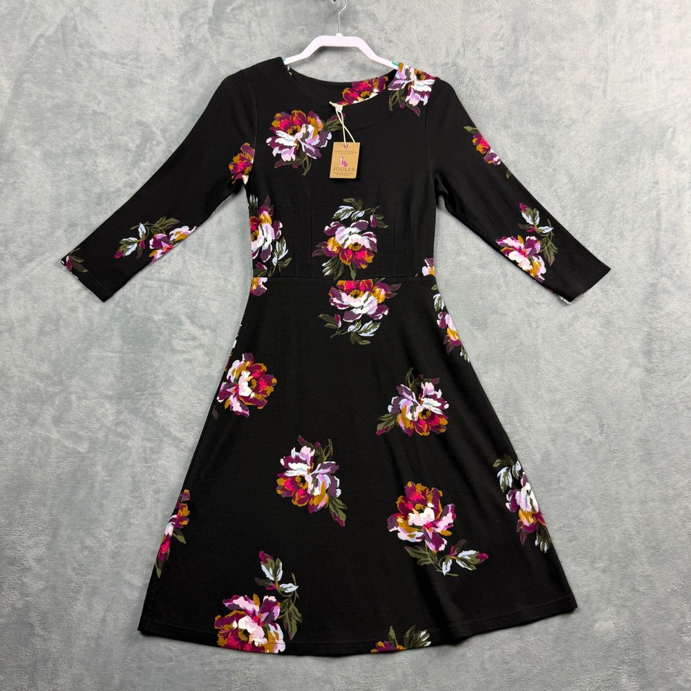 Joules Womens 6 Black Floral Shay Print Midi Dress Long Sleeve A-Line Boho NWT